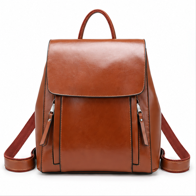 Cognac Brown Leather Flap Backpack Handbag-4