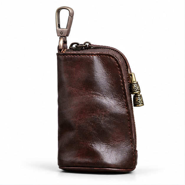 Vintage Coffee Leather Zipper Key Pouch-4