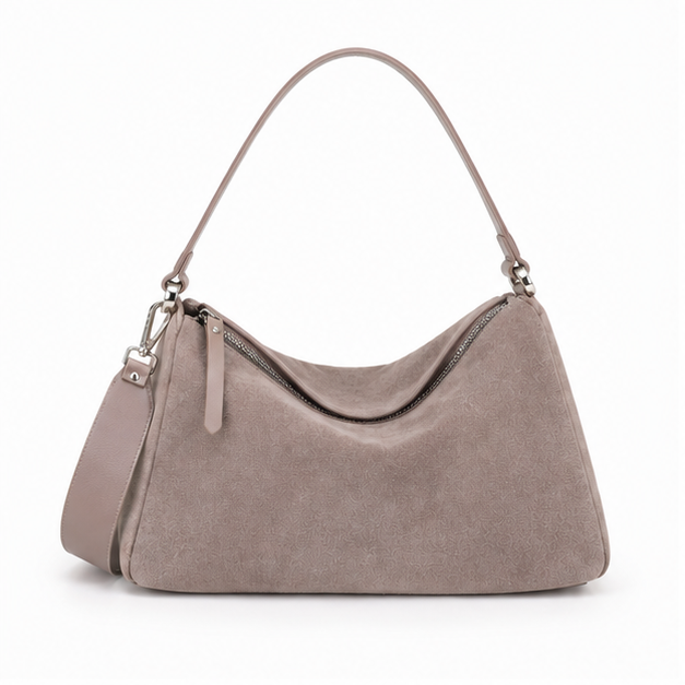 Grey Suede Slouchy Hobo Shoulder Bag-4