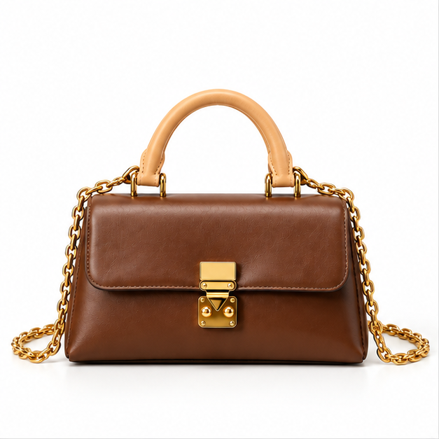 Brown Leather Chain Handle Shoulder Bag-4