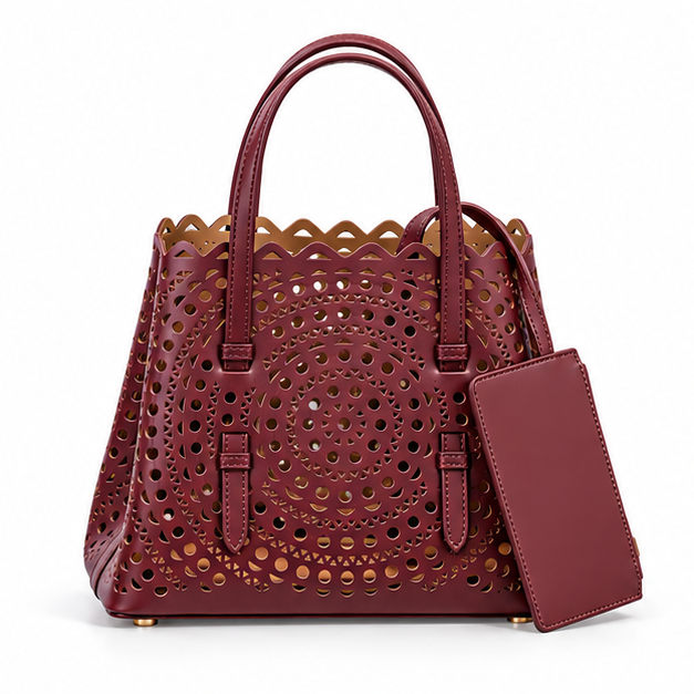 Elegant Laser Cut Burgundy Tote Handbag-4