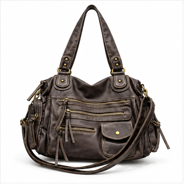 Vintage Brown Multi-Pocket Leather Shoulder Bag-4