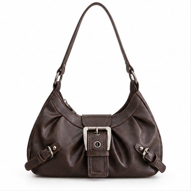 Vintage Brown Buckle Shoulder Hobo Bag-4