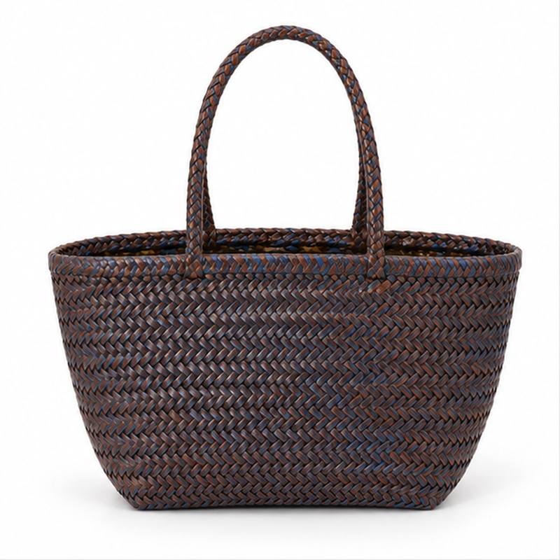 Brown Blue Woven Structured Everyday Tote-4