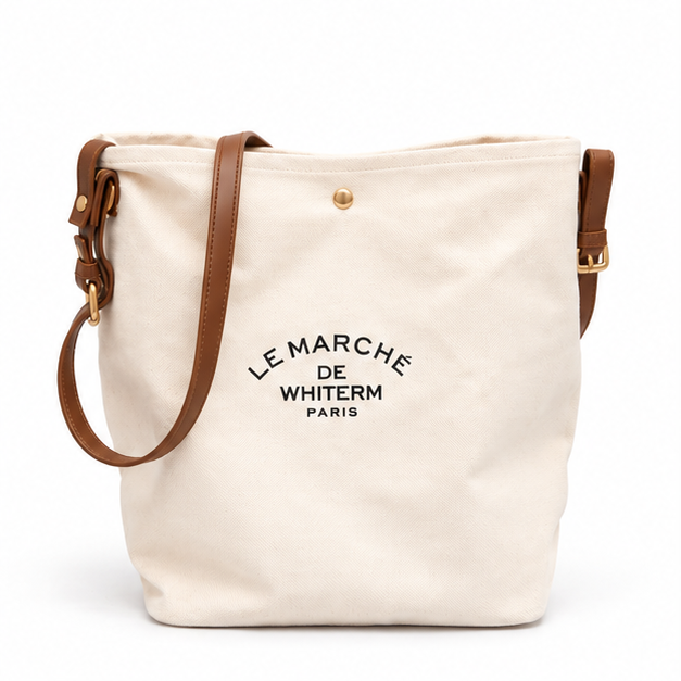 Ivory Canvas Tote With Brown Straps-4