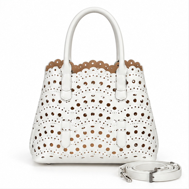 Elegant White Laser-Cut Tote Handbag-4
