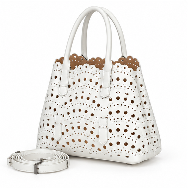 Elegant White Laser-Cut Tote Handbag-3