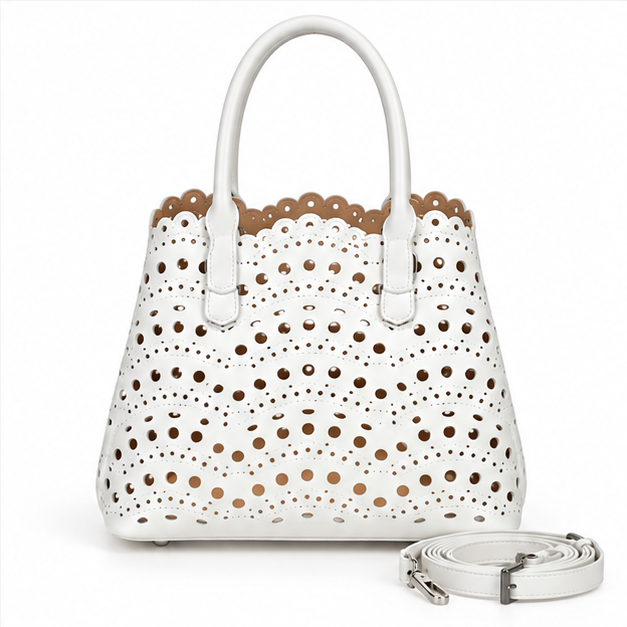 Elegant White Laser-Cut Tote Handbag-2