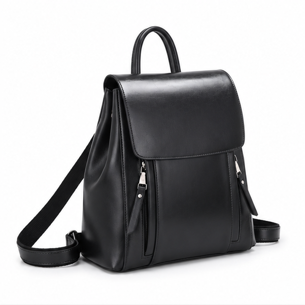 Sleek Black Adjustable Leather Backpack Handbag-1