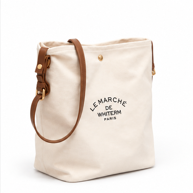 Ivory Canvas Tote With Brown Straps-1