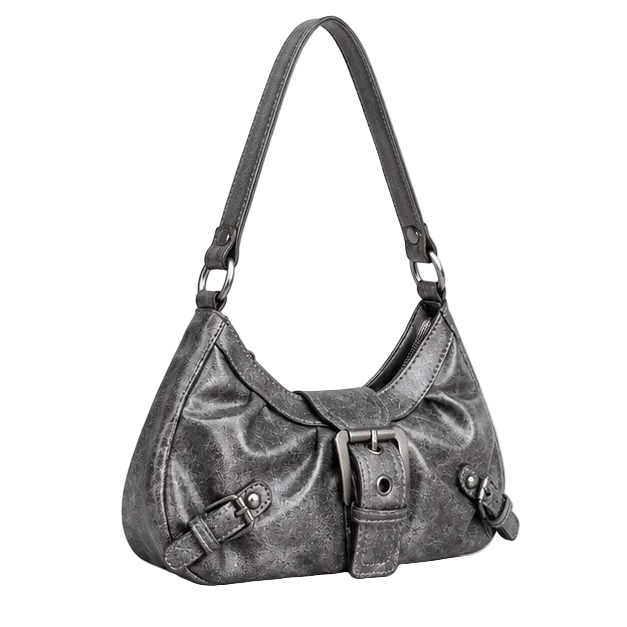 Metallic Grey Buckle Detail Shoulder Bag