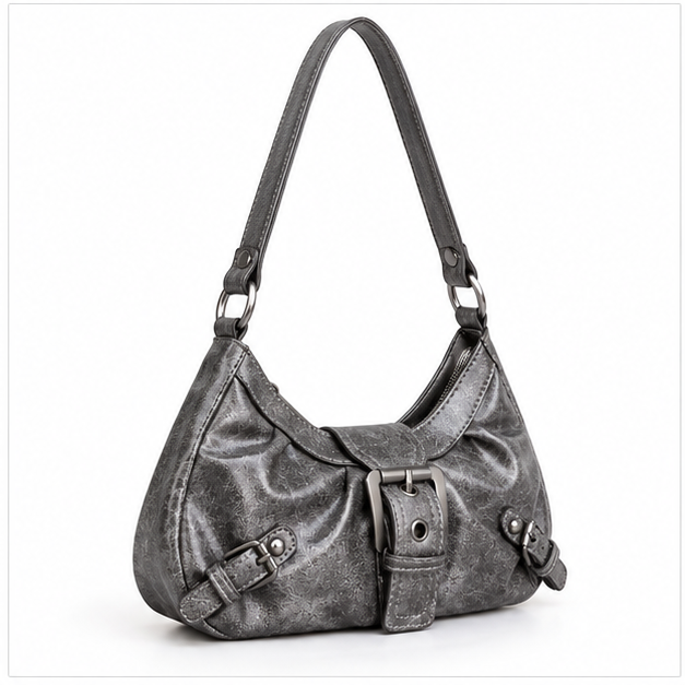 Metallic Grey Buckle Detail Shoulder Bag-1