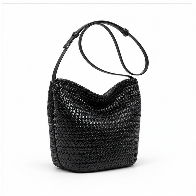 Black Woven Slouchy Shoulder Bag Handbag-1
