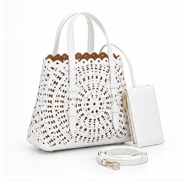 Elegant White Laser Cut Tote Handbag-1
