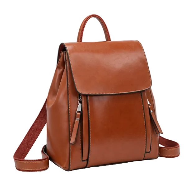 Cognac Brown Leather Flap Backpack Handbag-1