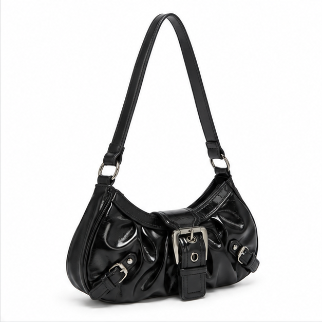 Glossy Black Buckle Shoulder Hobo Bag-1
