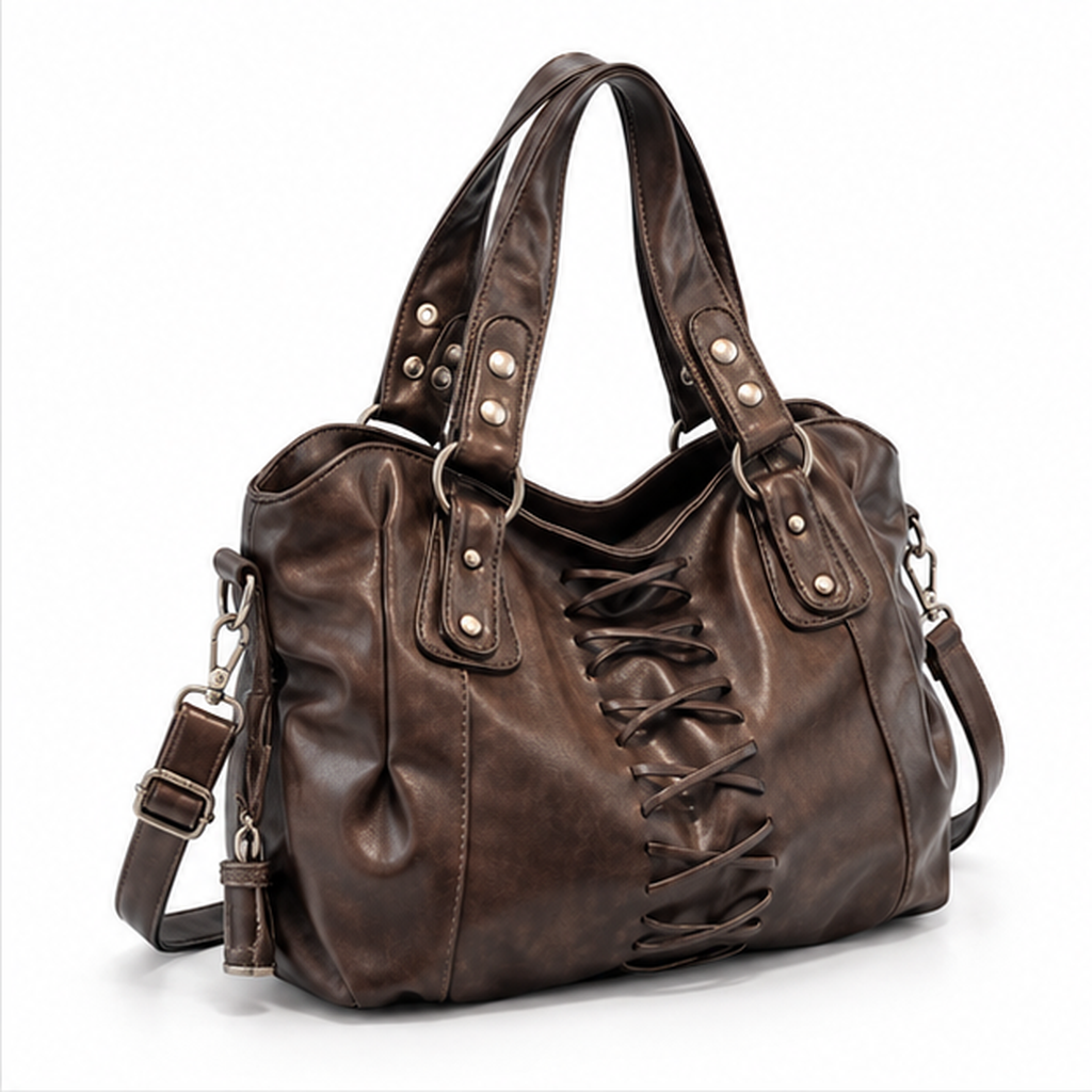 Vintage Lace-Up Coffee Leather Shoulder Bag-1