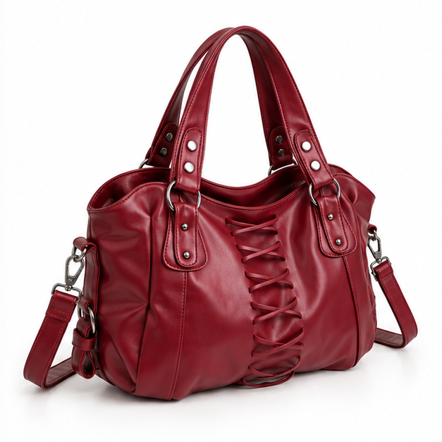Burgundy Lace-Up Leather Shoulder Handbag-1