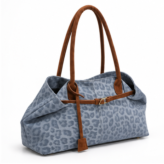 Blue Leopard Print Suede Trim Tote-1
