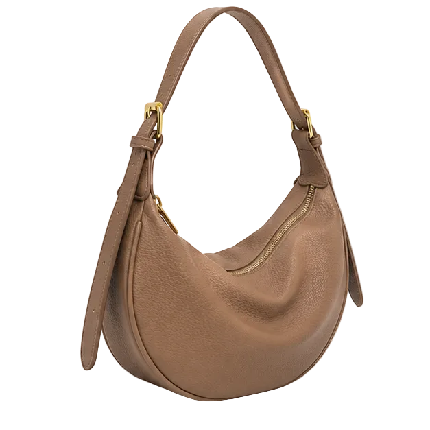 Taupe Crescent Pebbled Leather Shoulder Bag