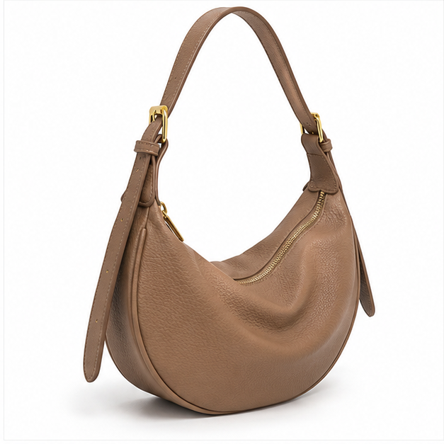 Taupe Crescent Pebbled Leather Shoulder Bag-1