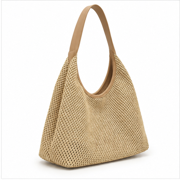 Khaki Woven Raffia Shoulder Hobo Bag-1