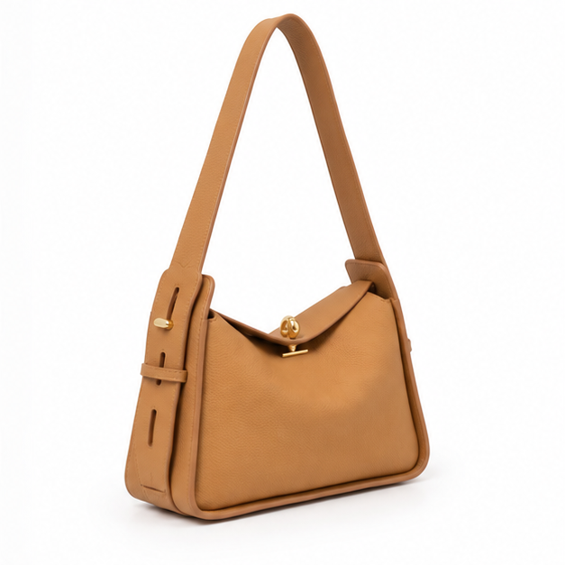 Camel Pebbled Leather Shoulder Handbag Purse-1
