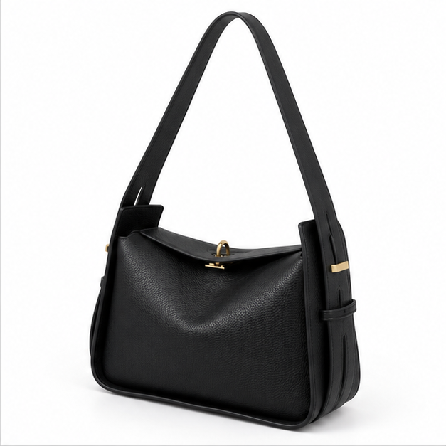 Black Pebbled Leather Shoulder Handbag Purse-3