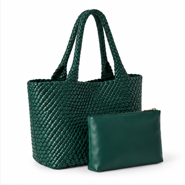 Emerald Woven Tote Bag With Pouch-1