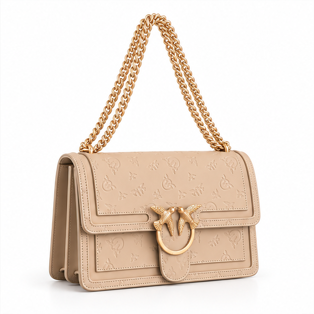 Khaki Embossed Gold Chain Shoulder Bag-1