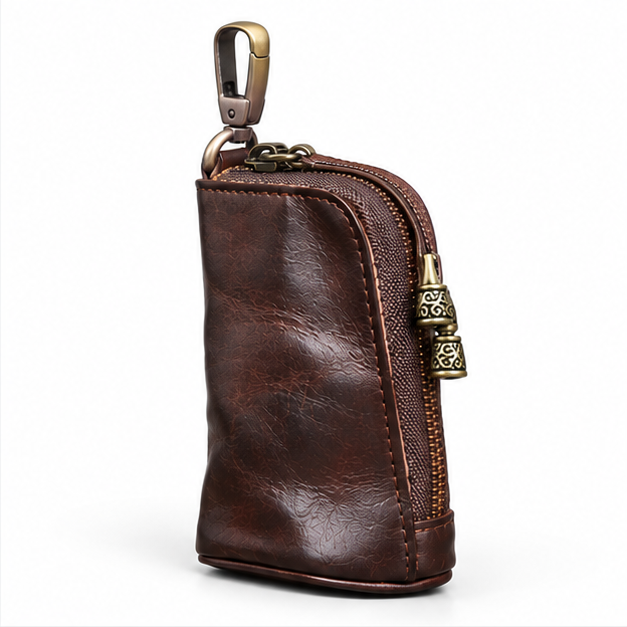Vintage Coffee Leather Zipper Key Pouch-2