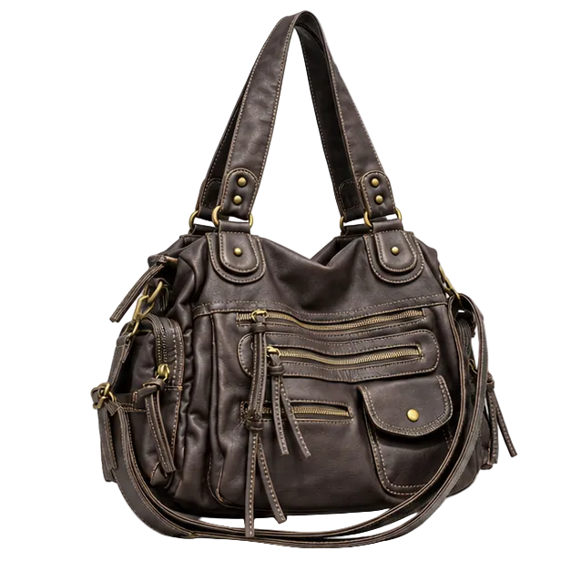 Vintage Brown Multi-Pocket Leather Shoulder Bag
