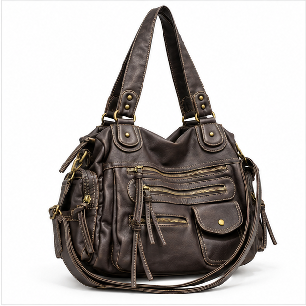 Vintage Brown Multi-Pocket Leather Shoulder Bag-1