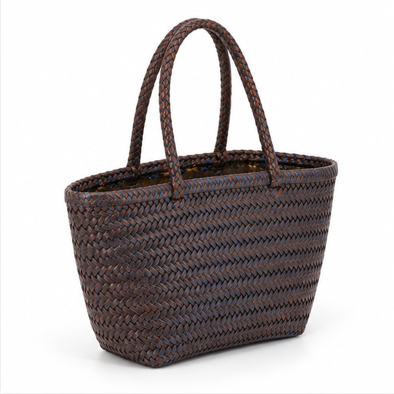 Brown Blue Woven Structured Everyday Tote-1