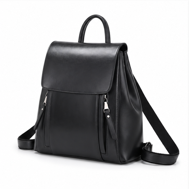 Sleek Black Adjustable Leather Backpack Handbag-3