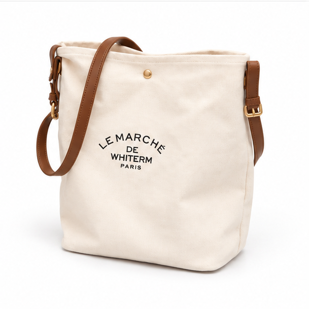 Ivory Canvas Tote With Brown Straps-3