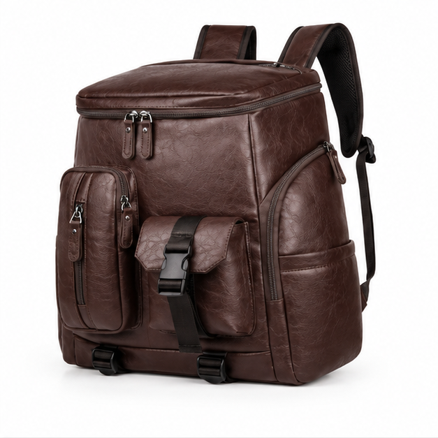 Vintage Brown Multi-Pocket Leather Backpack-3