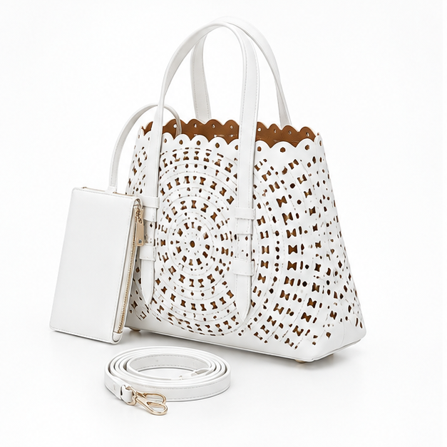 Elegant White Laser Cut Tote Handbag-3