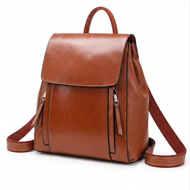 Cognac Brown Leather Flap Backpack Handbag-3