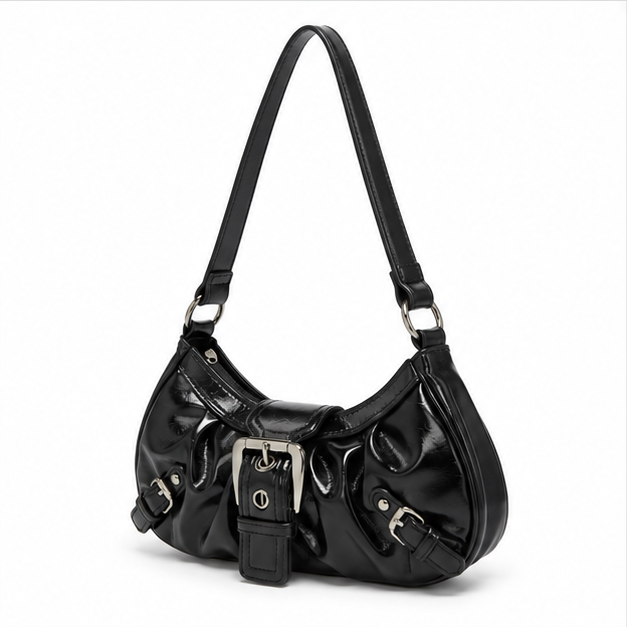 Glossy Black Buckle Shoulder Hobo Bag-3