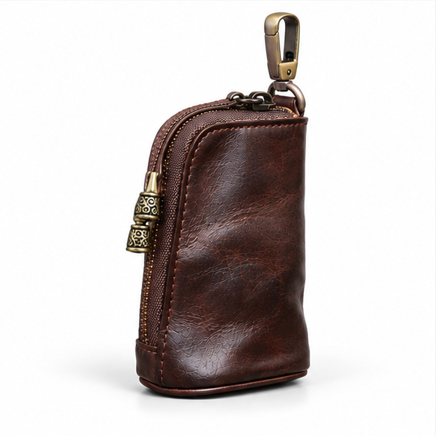 Vintage Coffee Leather Zipper Key Pouch-1