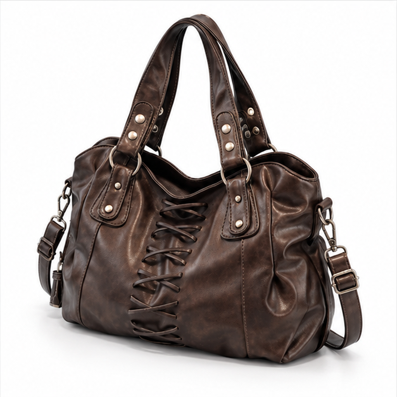 Vintage Lace-Up Coffee Leather Shoulder Bag-3
