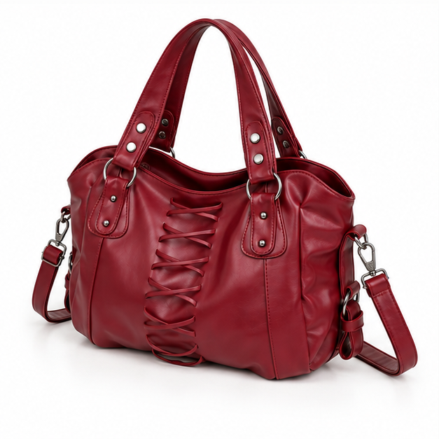 Burgundy Lace-Up Leather Shoulder Handbag-3