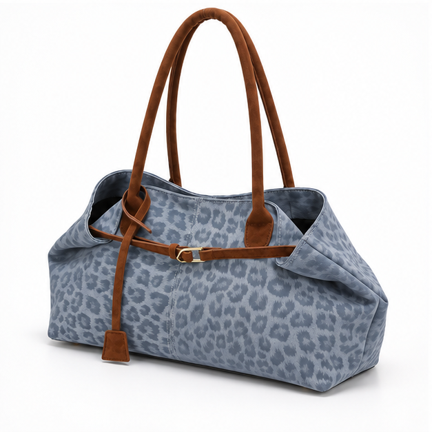 Blue Leopard Print Suede Trim Tote-3