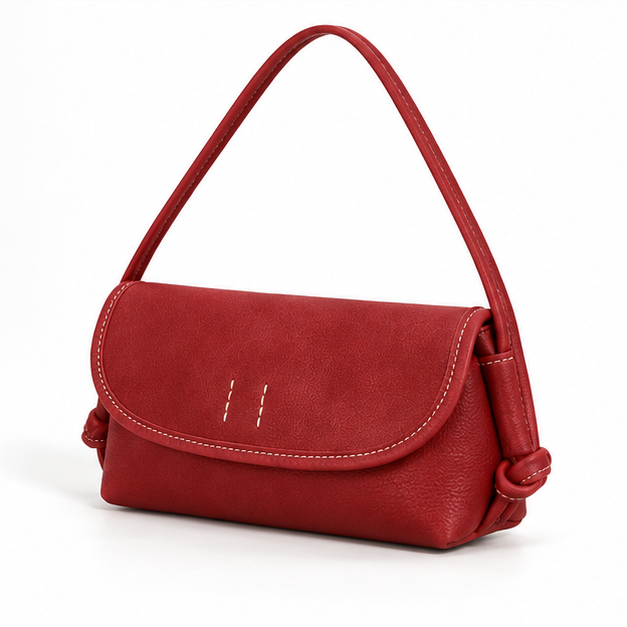 Red Stitched Leather Shoulder Crossbody Bag-3