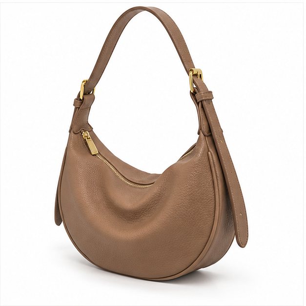 Taupe Crescent Pebbled Leather Shoulder Bag-3