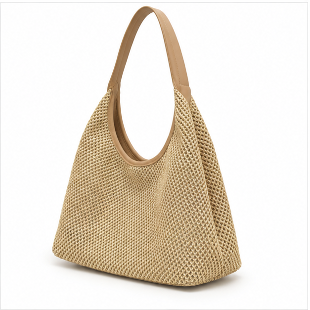 Khaki Woven Raffia Shoulder Hobo Bag-3