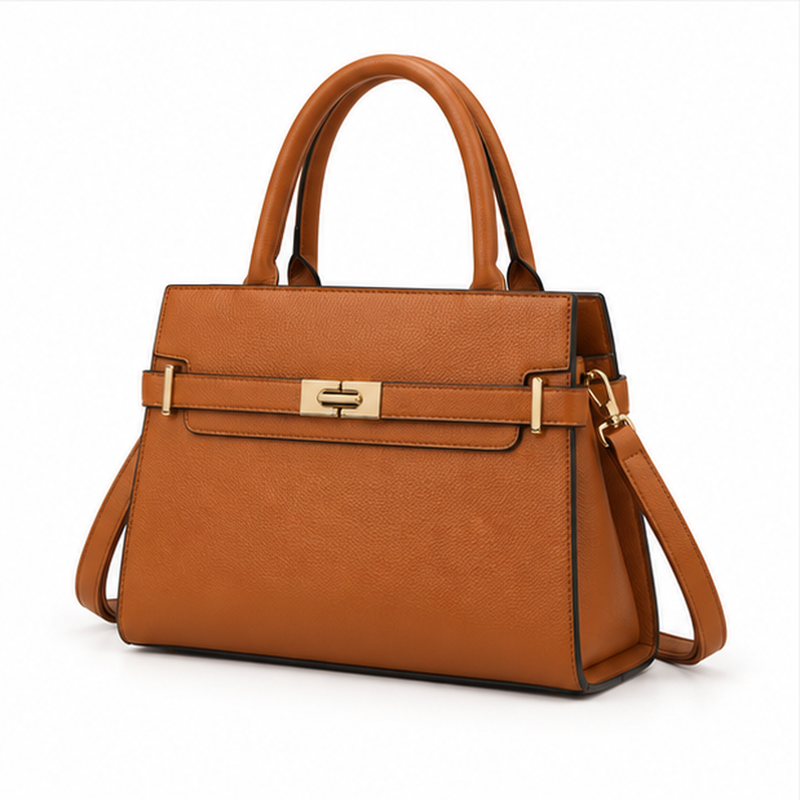 Cognac Structured Leather Top Handle Handbag-3