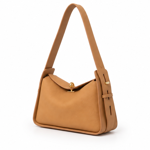 Camel Pebbled Leather Shoulder Handbag Purse-3