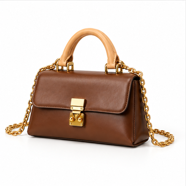 Brown Leather Chain Handle Shoulder Bag-3